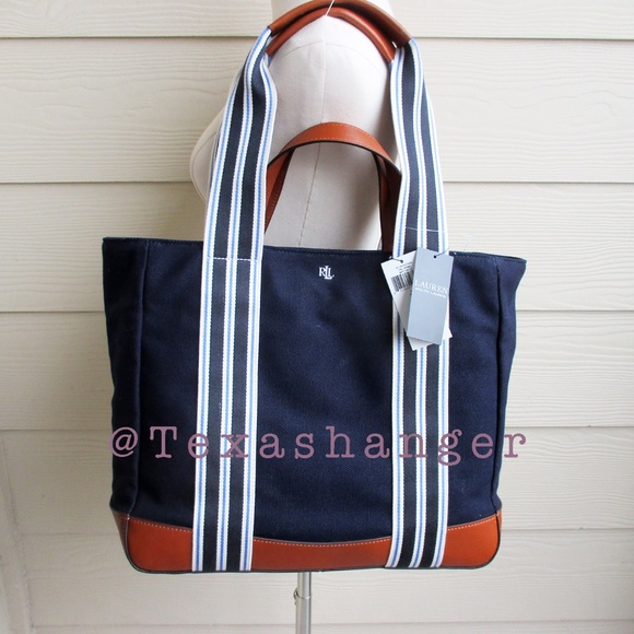 NWT Lauren Ralph Lauren Lora Stripe Detail Canvas Tote Bag Navy - Picture 13 of 16